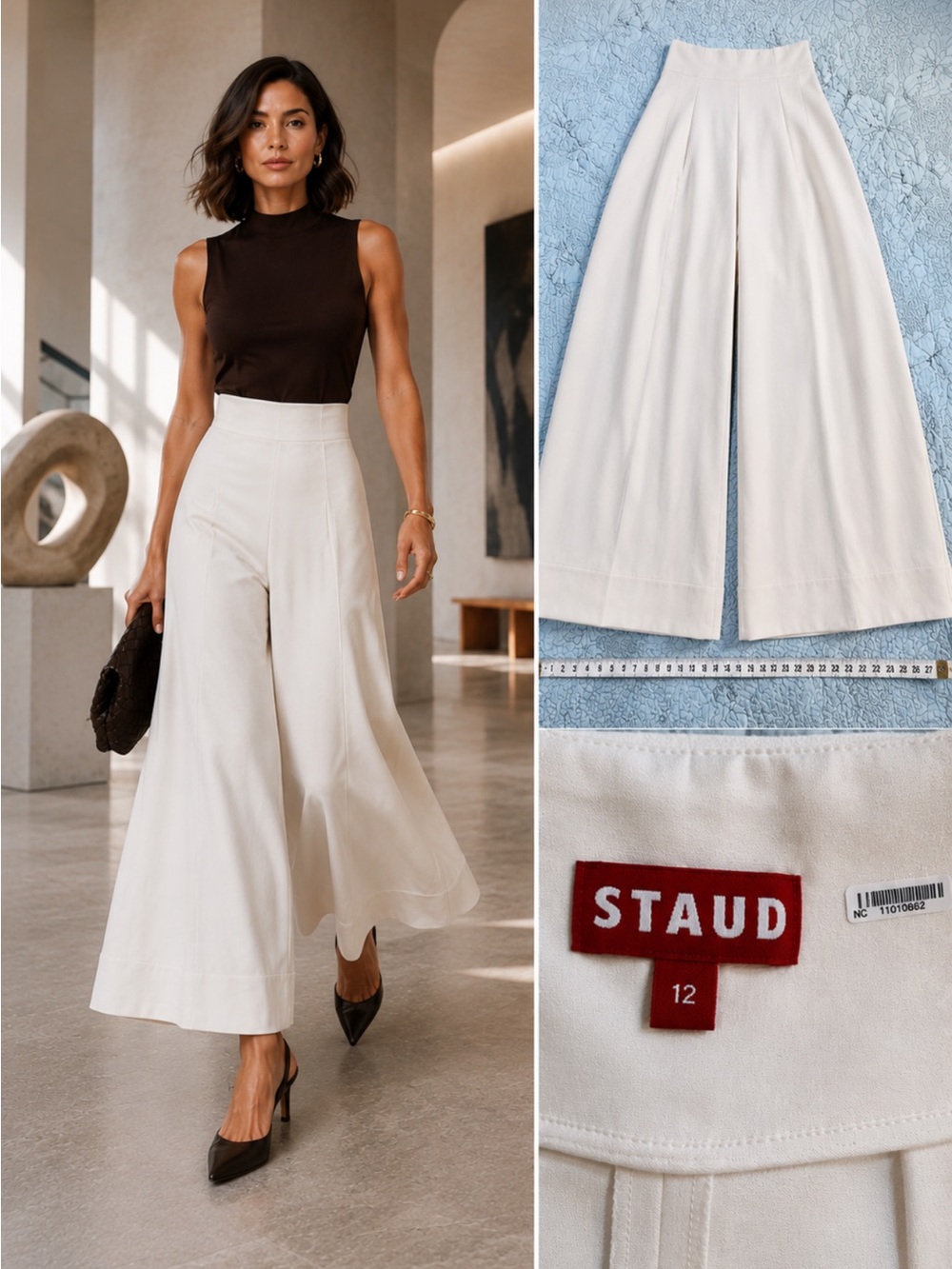 💥STAUD Caleb Wide Leg Crepe Pants Ivory High Rise Corset Seam Sz 12 🧡